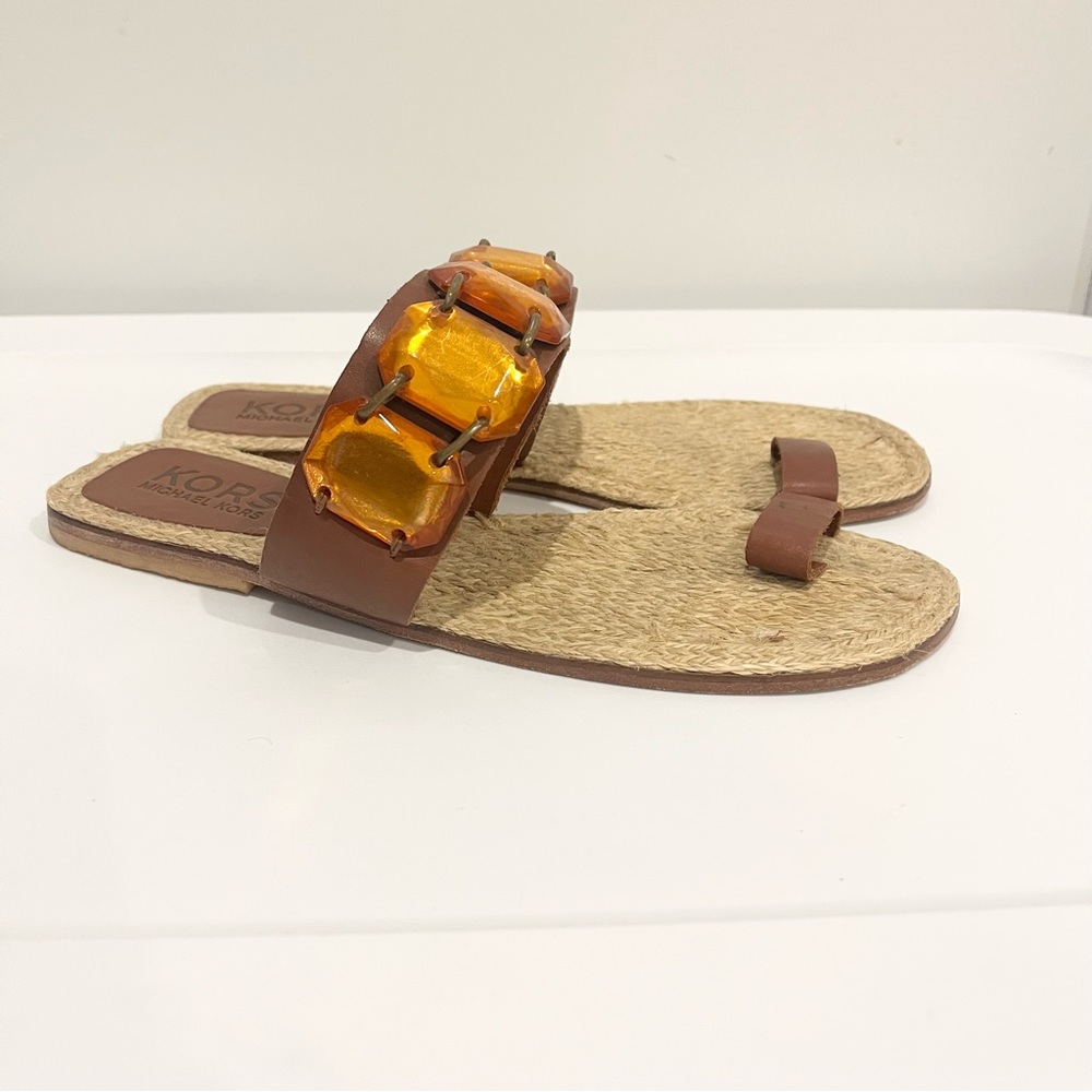 Kors Michael Kors Brown Leather Bejeweled Rhinestone Embellished Sandals 9.5